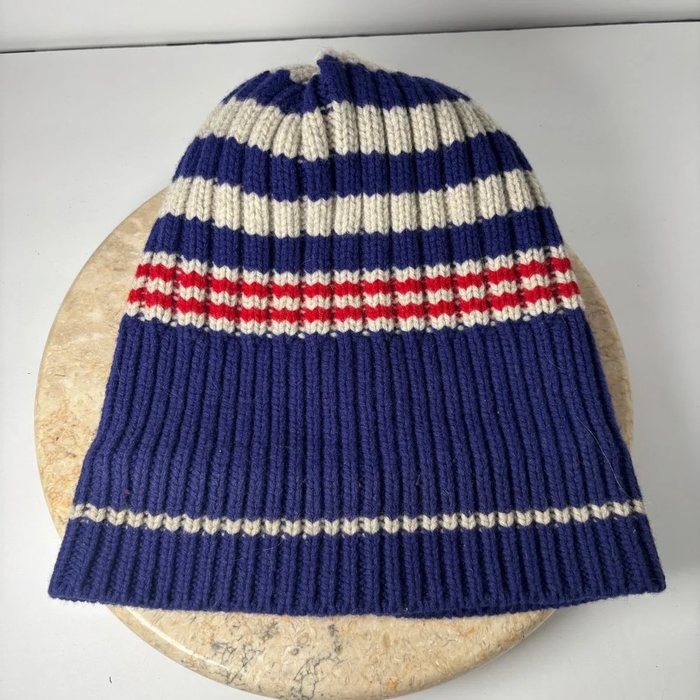 Vintage L.L. Bean Beanie OSFA Blue Striped 100% Lambswool‎ Pom Pom Winter Hat